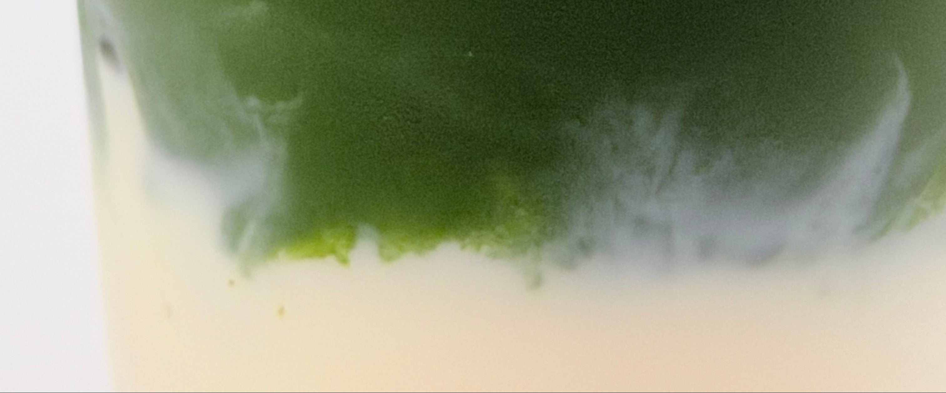 A zoomed-in picture of a matcha latte with matcha foam on top and a dusting of matcha